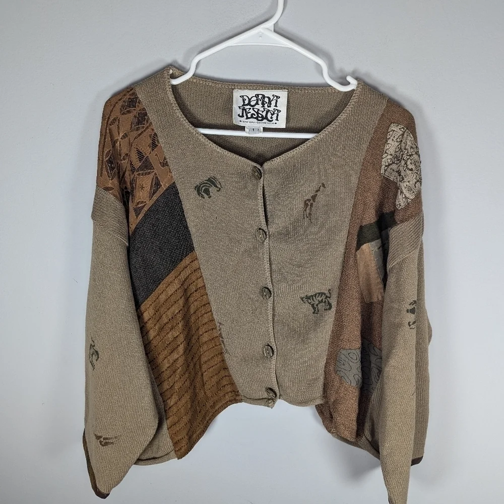 Vintage Donna Jessica Abstract Jungle Safari patchwork mismatch cardigan size 1